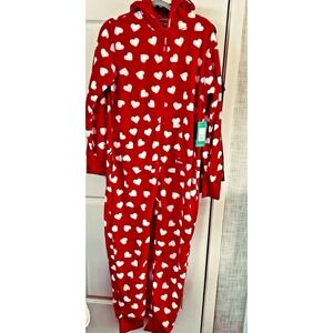 Tipsy Elves One Piece Pajamas Beating Hearts Jumpsuit Medium Red White Zip AAA